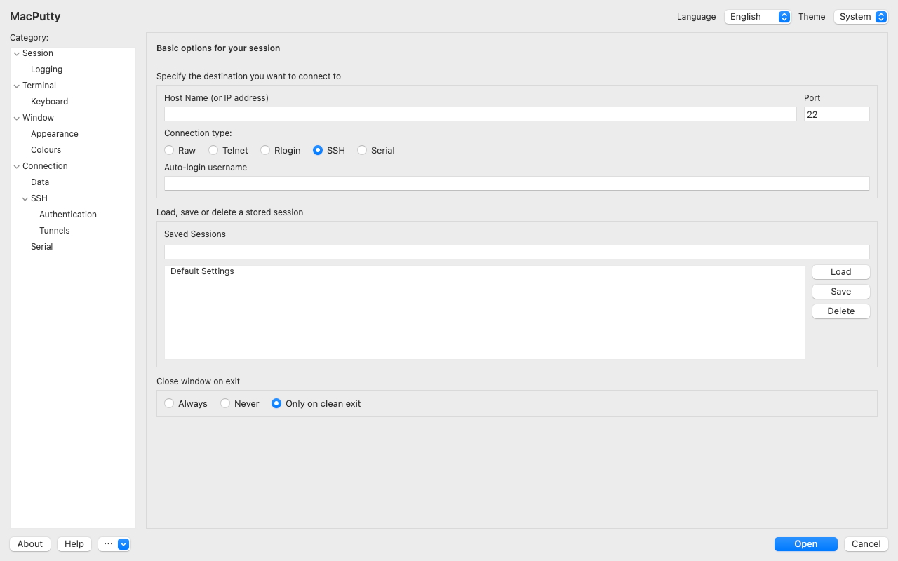MacPutty native configuration window with the familiar PuTTY-style session tree