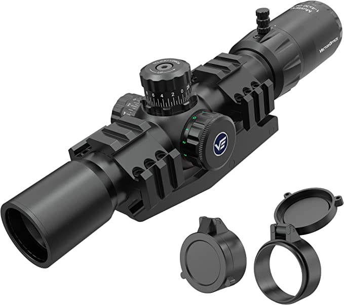 VICTOPTICS 1-4x30 SFP 30mm Monotube, SFP Riflescope -Matched Chevron Reticle (1/2 MOA Finger Adjust) with Sports Cantilever One Piece Mount Mount
